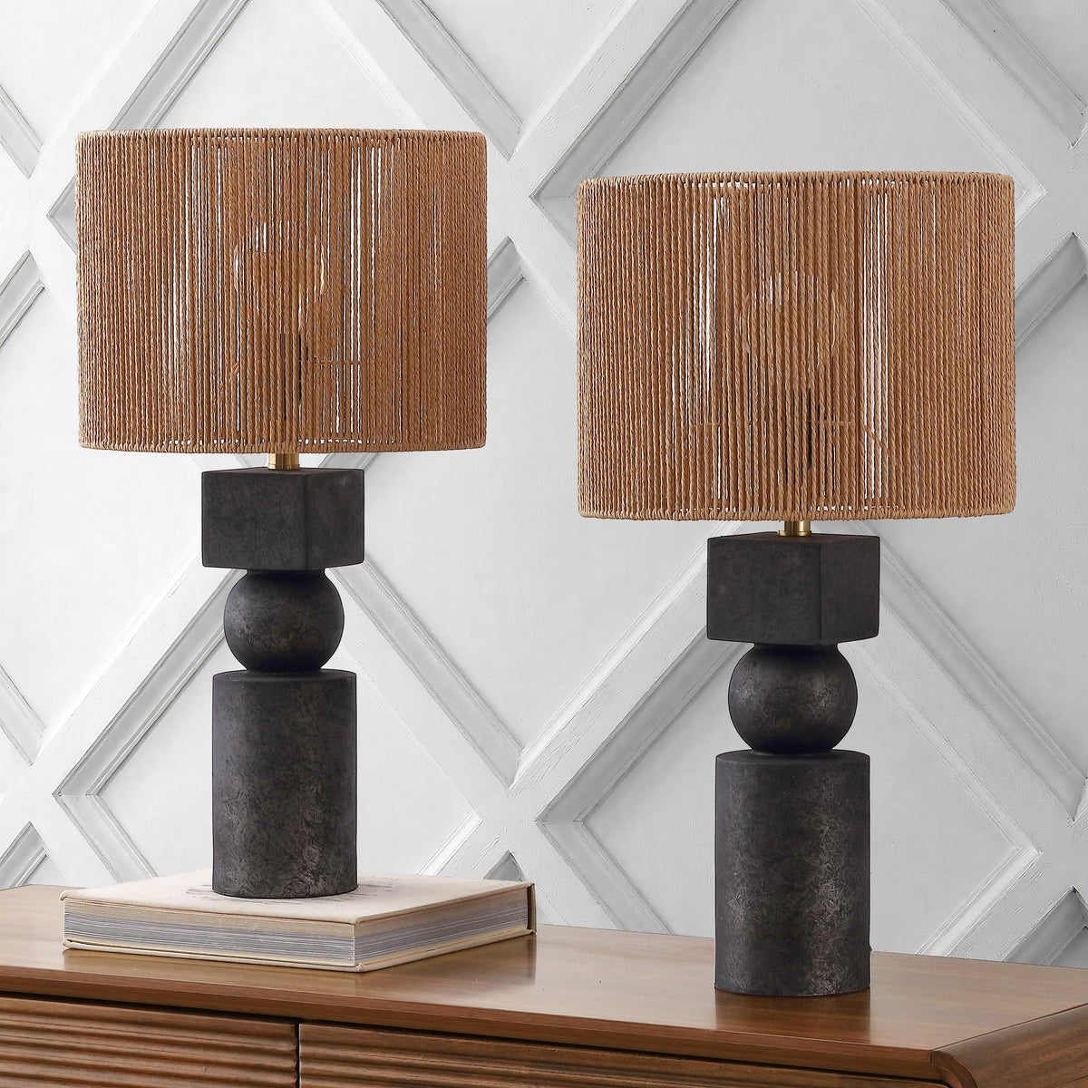 Lilian 24.5" Bohemian Casual Geometric Totem Resin with Hand-Woven Paper Rope Drum Shade LED Table Lamp, Set of 2