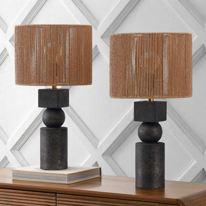 Lilian 24.5" Bohemian Casual Geometric Totem Resin with Hand-Woven Paper Rope Drum Shade LED Table Lamp, Set of 2