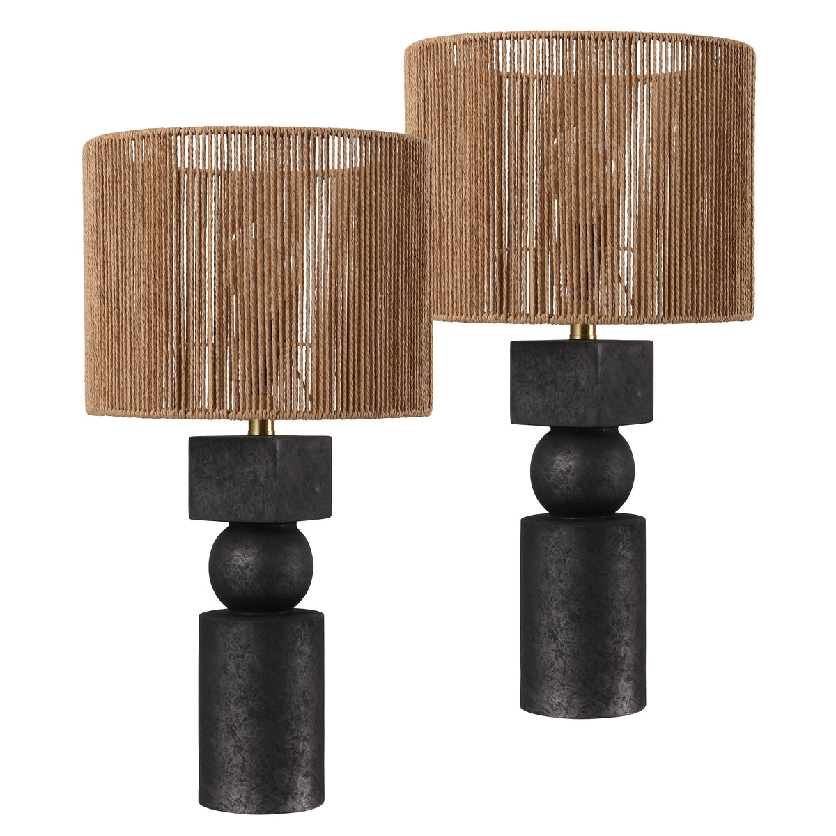 Lilian 24.5" Bohemian Casual Geometric Totem Resin with Hand-Woven Paper Rope Drum Shade LED Table Lamp, Set of 2