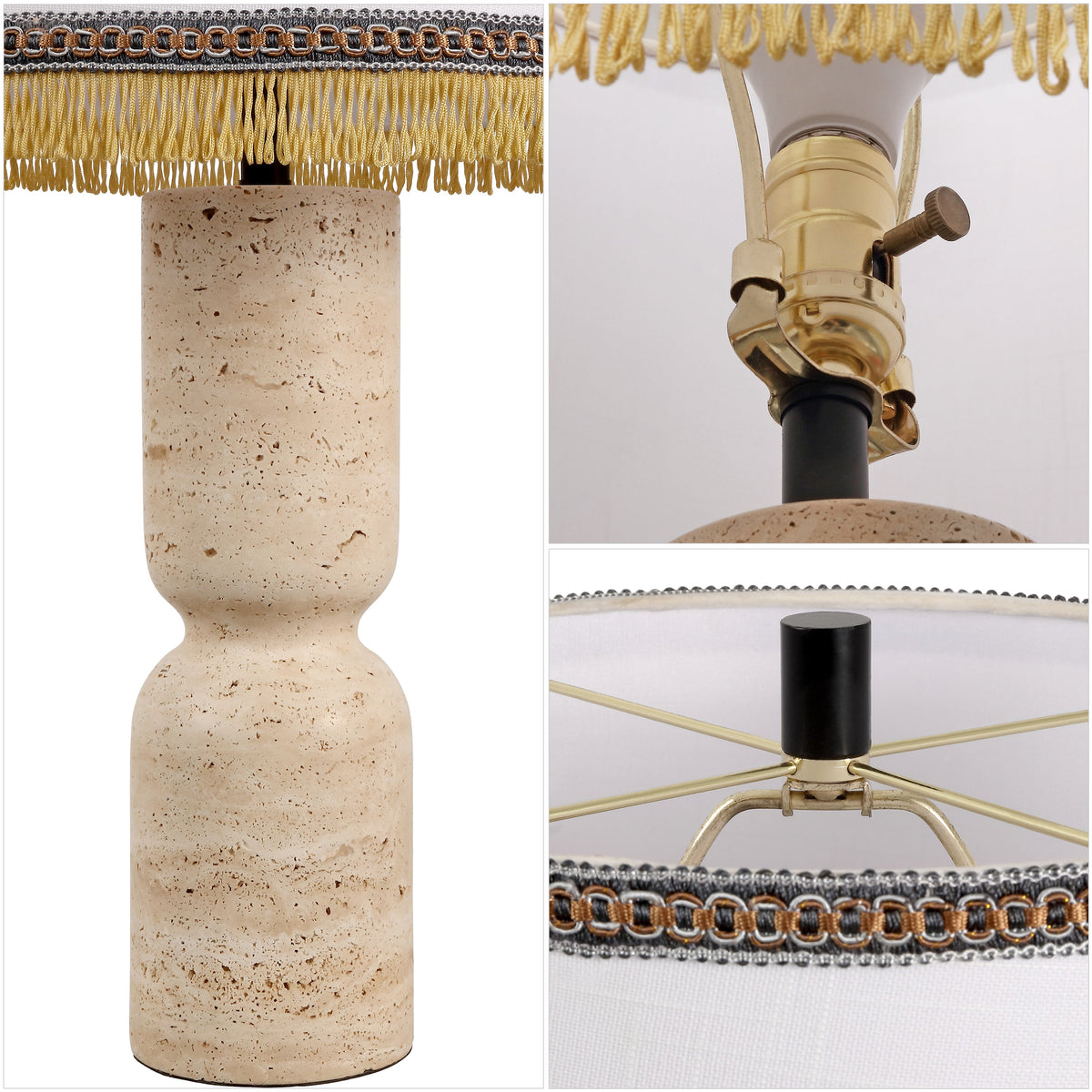 Lacy 25.25" Organic Modern Sculptural Hourglass Travertine Stone with Fringed Drum Shade LED Table Lamp, Natural Beige
