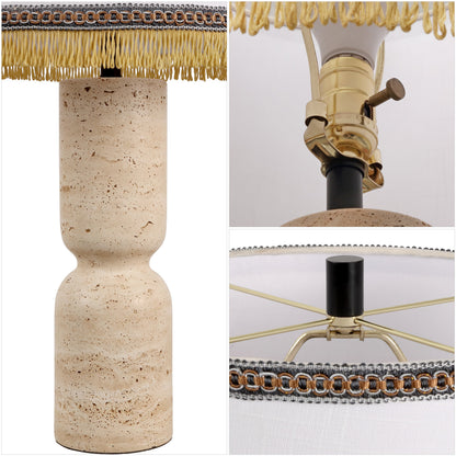 Lacy 25.25" Organic Modern Sculptural Hourglass Travertine Stone with Fringed Drum Shade LED Table Lamp, Natural Beige