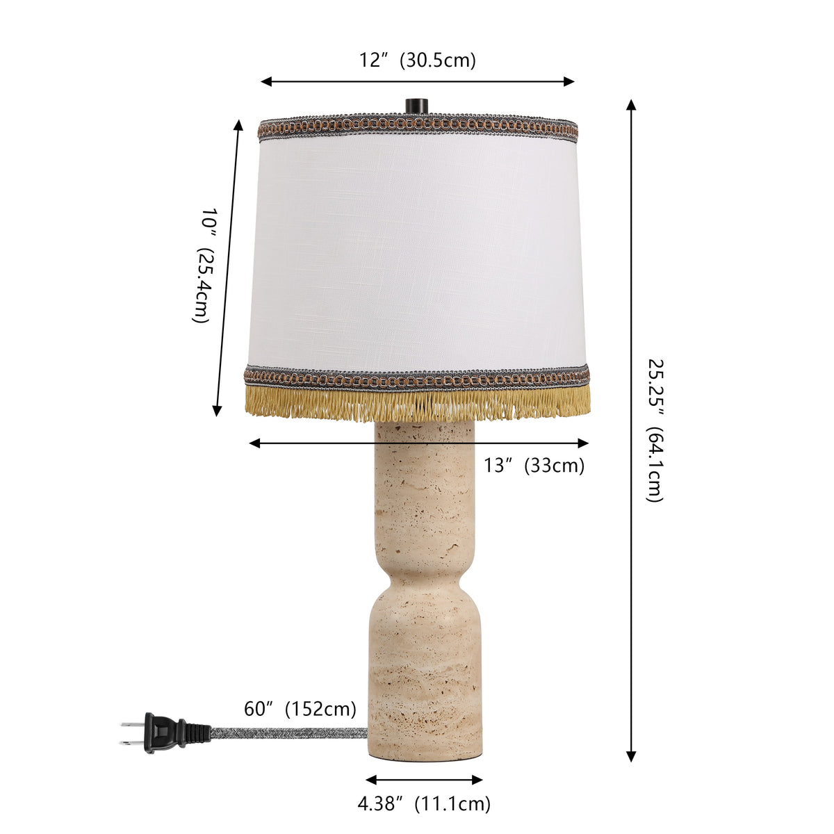 Lacy 25.25" Organic Modern Sculptural Hourglass Travertine Stone with Fringed Drum Shade LED Table Lamp, Natural Beige