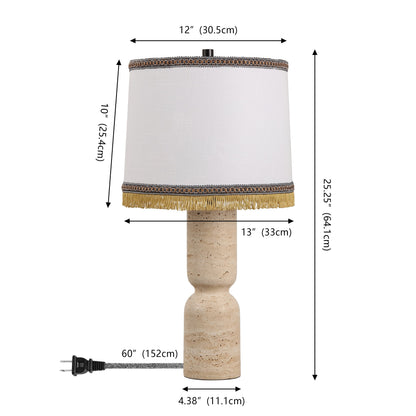 Lacy 25.25" Organic Modern Sculptural Hourglass Travertine Stone with Fringed Drum Shade LED Table Lamp, Natural Beige