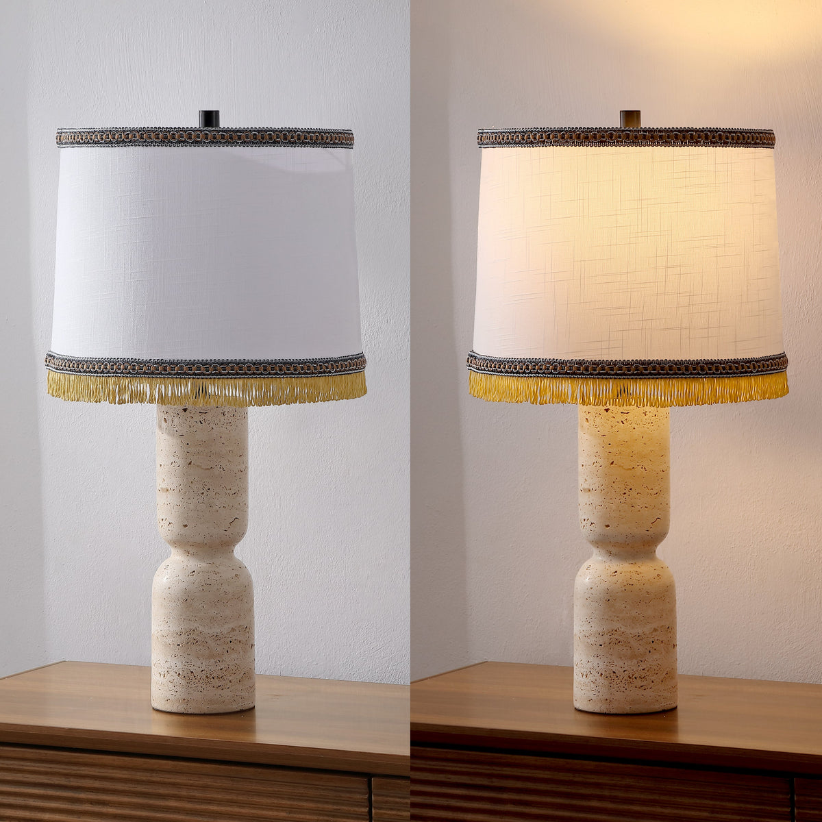 Lacy 25.25" Organic Modern Sculptural Hourglass Travertine Stone with Fringed Drum Shade LED Table Lamp, Natural Beige