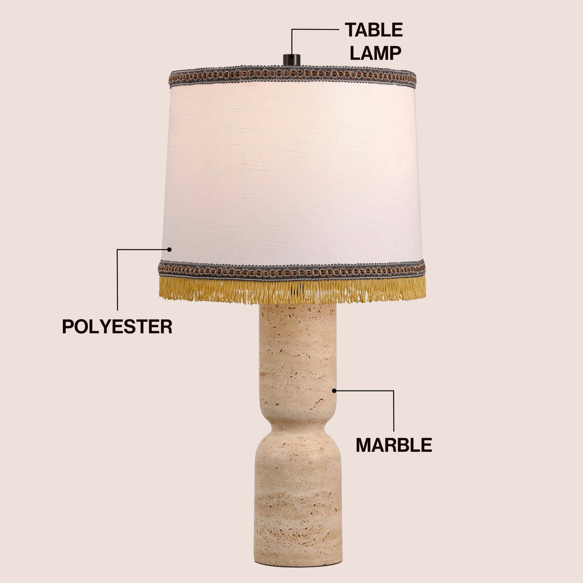 Lacy 25.25" Organic Modern Sculptural Hourglass Travertine Stone with Fringed Drum Shade LED Table Lamp, Natural Beige