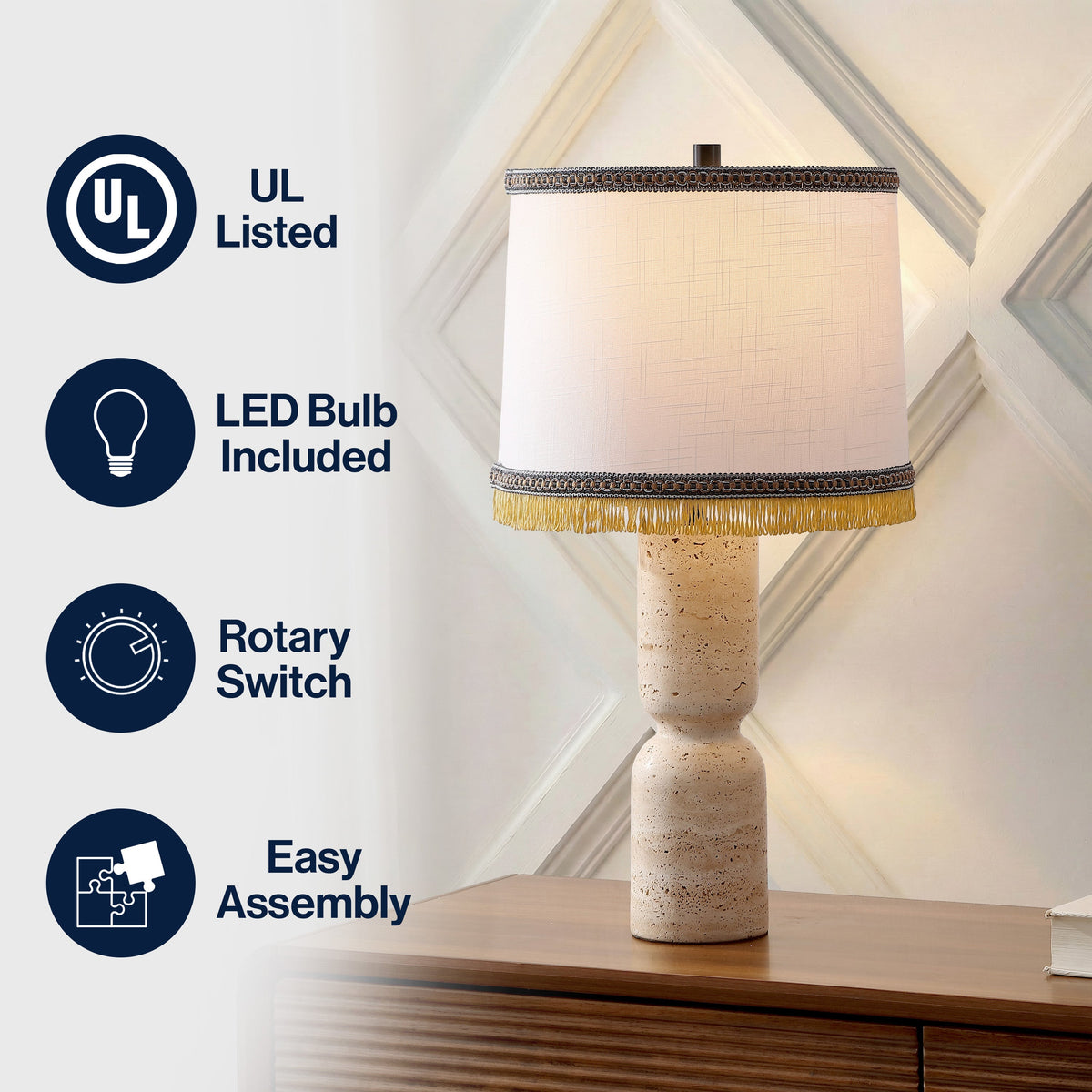 Lacy 25.25" Organic Modern Sculptural Hourglass Travertine Stone with Fringed Drum Shade LED Table Lamp, Natural Beige