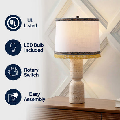 Lacy 25.25" Organic Modern Sculptural Hourglass Travertine Stone with Fringed Drum Shade LED Table Lamp, Natural Beige
