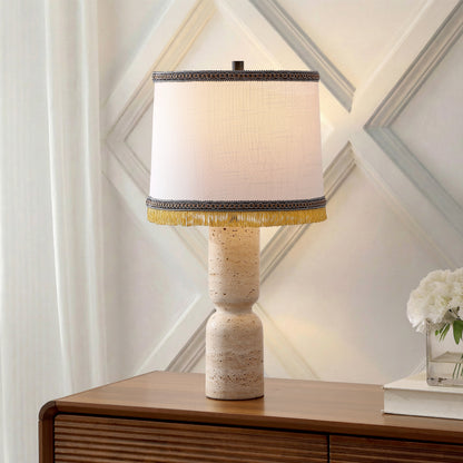 Lacy 25.25" Organic Modern Sculptural Hourglass Travertine Stone with Fringed Drum Shade LED Table Lamp, Natural Beige
