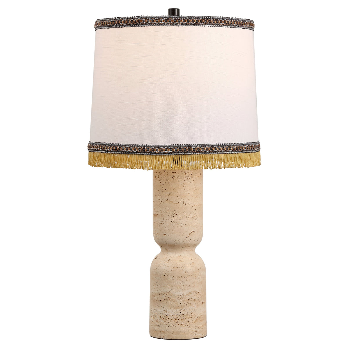 Lacy 25.25" Organic Modern Sculptural Hourglass Travertine Stone with Fringed Drum Shade LED Table Lamp, Natural Beige