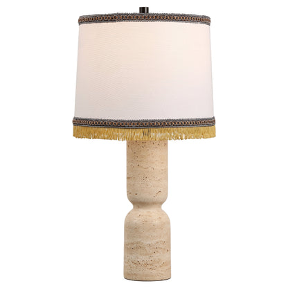 Lacy 25.25" Organic Modern Sculptural Hourglass Travertine Stone with Fringed Drum Shade LED Table Lamp, Natural Beige