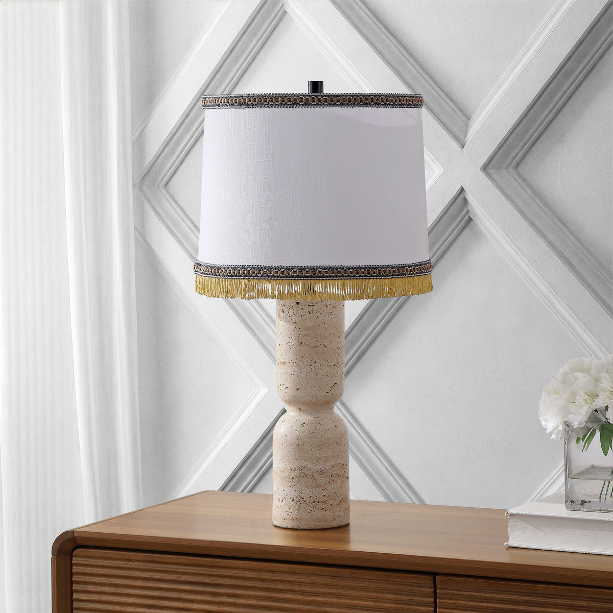 Lacy 25.25" Organic Modern Sculptural Hourglass Travertine Stone with Fringed Drum Shade LED Table Lamp, Natural Beige