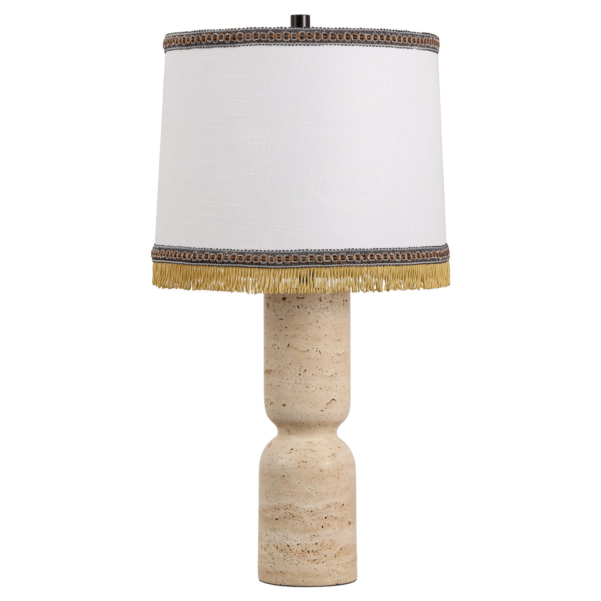 Lacy 25.25" Organic Modern Sculptural Hourglass Travertine Stone with Fringed Drum Shade LED Table Lamp, Natural Beige