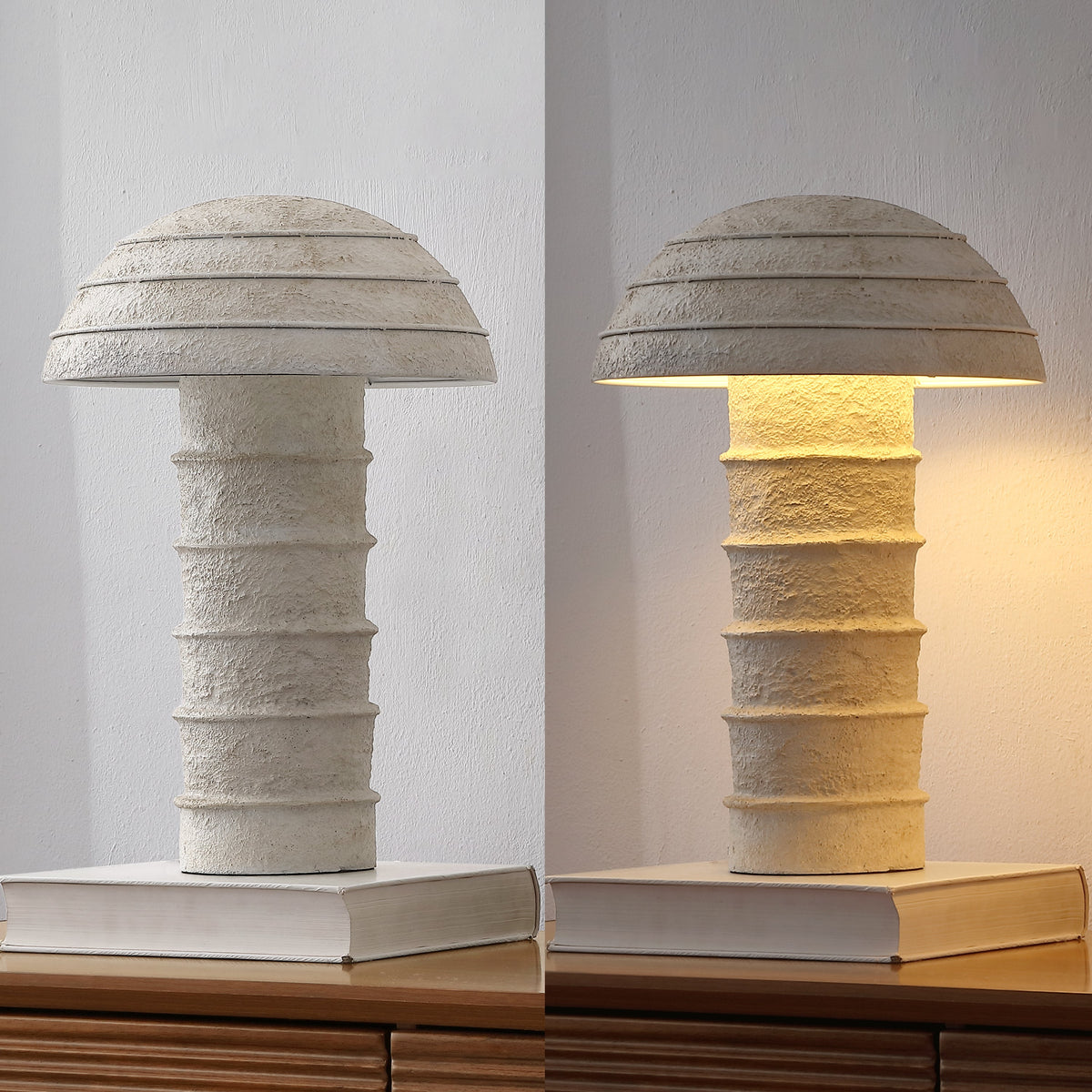 Cremini 17.5" Modern Minimalist Plaster-Look Ribbed Mushroom Resin Cylinder LED Table Lamp, Set of 2