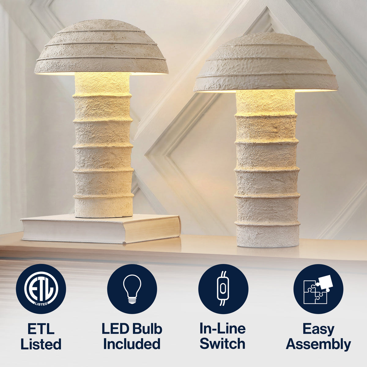Cremini 17.5" Modern Minimalist Plaster-Look Ribbed Mushroom Resin Cylinder LED Table Lamp, Set of 2