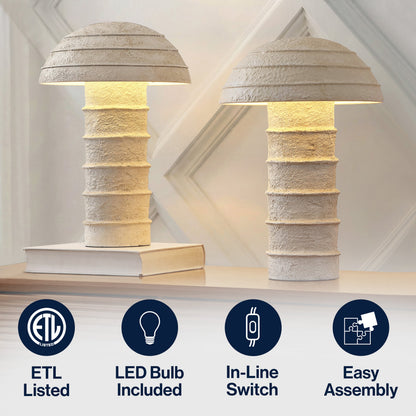 Cremini 17.5" Modern Minimalist Plaster-Look Ribbed Mushroom Resin Cylinder LED Table Lamp, Set of 2