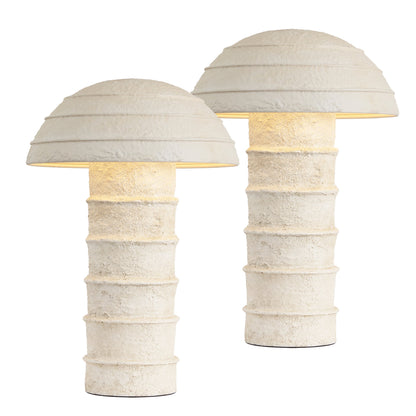 Cremini 17.5" Modern Minimalist Plaster-Look Ribbed Mushroom Resin Cylinder LED Table Lamp, Set of 2