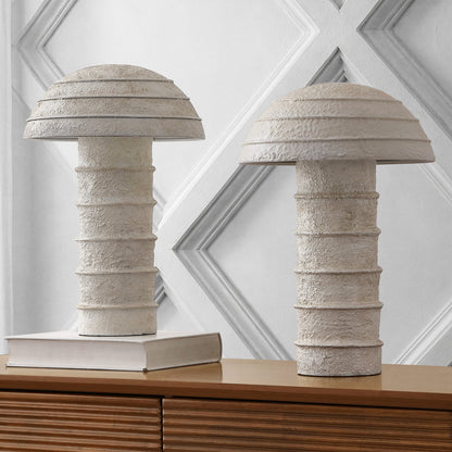 Cremini 17.5" Modern Minimalist Plaster-Look Ribbed Mushroom Resin Cylinder LED Table Lamp, Set of 2