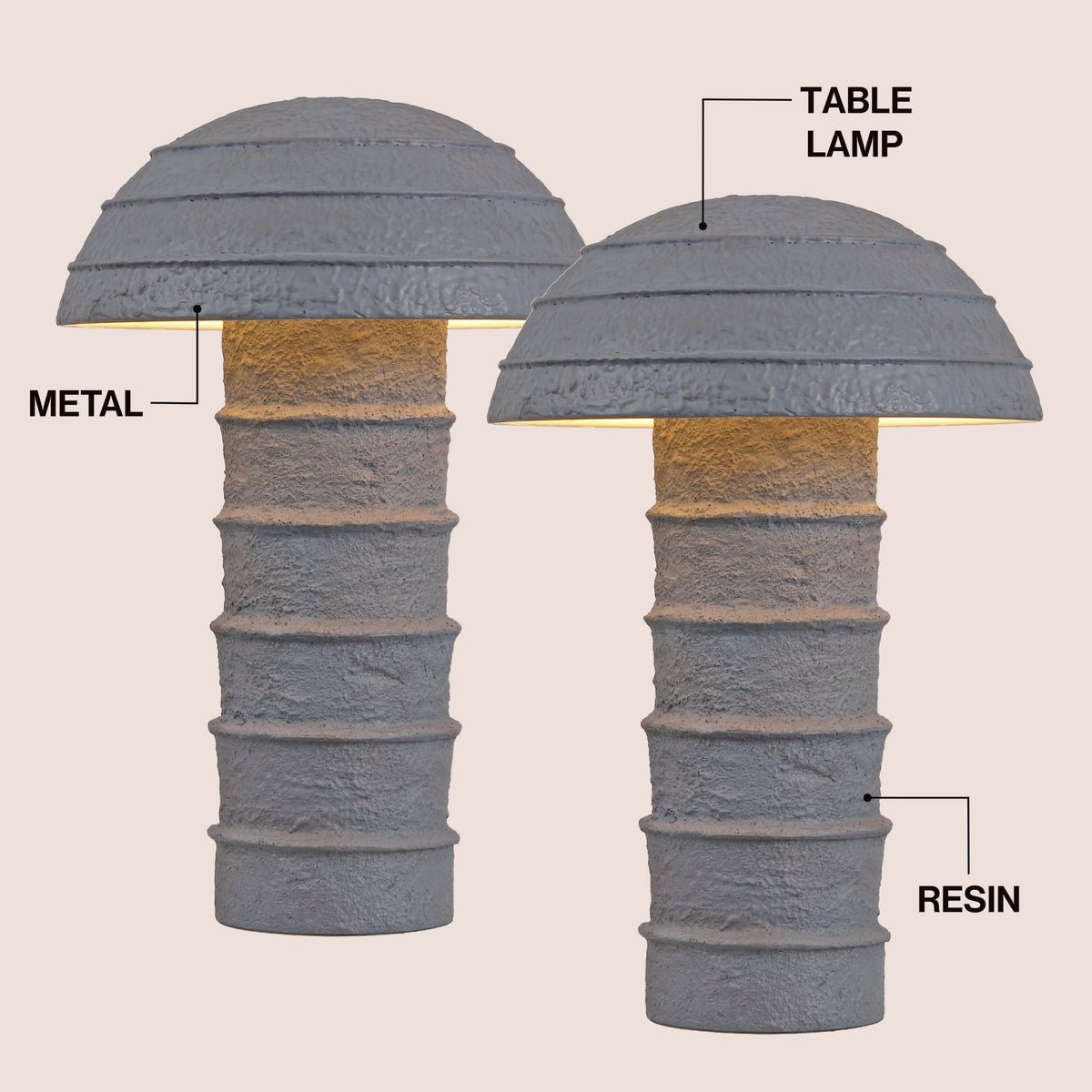 Cremini 17.5" Modern Minimalist Plaster-Look Ribbed Mushroom Resin Cylinder LED Table Lamp, Set of 2