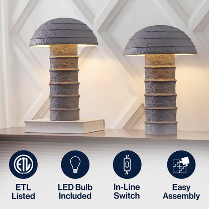 Cremini 17.5" Modern Minimalist Plaster-Look Ribbed Mushroom Resin Cylinder LED Table Lamp, Set of 2