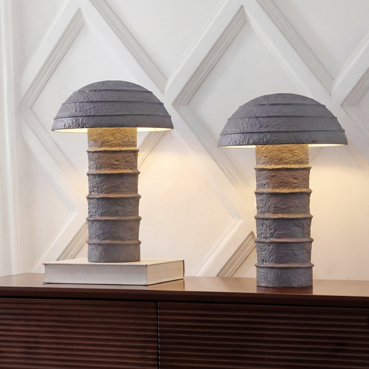 Cremini 17.5" Modern Minimalist Plaster-Look Ribbed Mushroom Resin Cylinder LED Table Lamp, Set of 2