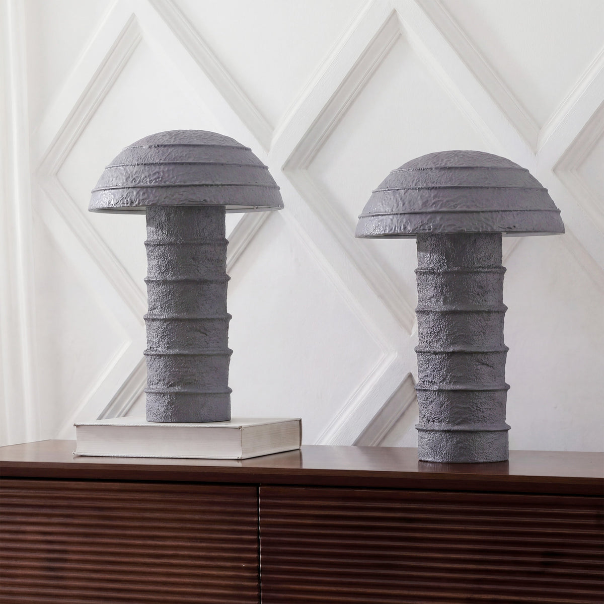 Cremini 17.5" Modern Minimalist Plaster-Look Ribbed Mushroom Resin Cylinder LED Table Lamp, Set of 2