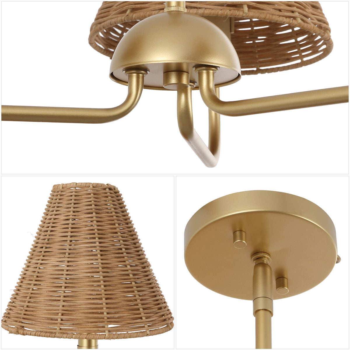 Pauline Coastal Contemporary Adjustable Swooping Arm Candle-Style Metal with Rattan Shades LED Chandelier