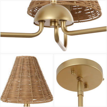 Pauline Coastal Contemporary Adjustable Swooping Arm Candle-Style Metal with Rattan Shades LED Chandelier