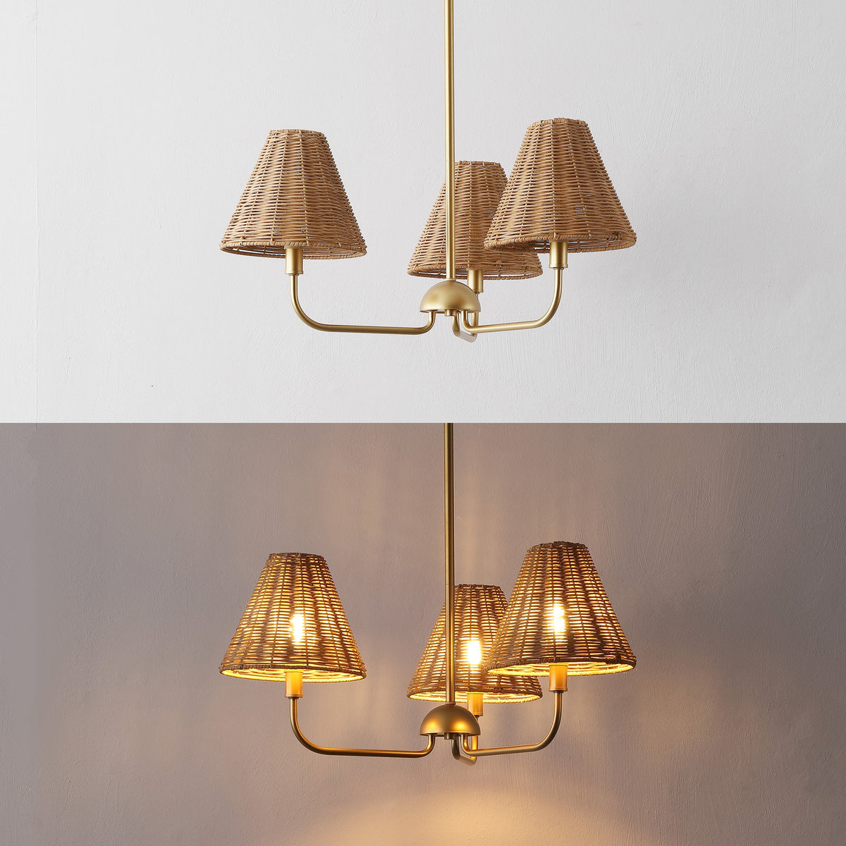 Pauline Coastal Contemporary Adjustable Swooping Arm Candle-Style Metal with Rattan Shades LED Chandelier