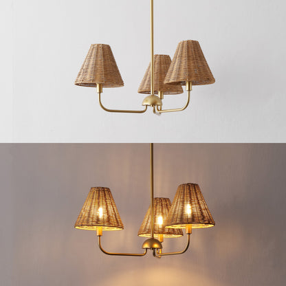 Pauline Coastal Contemporary Adjustable Swooping Arm Candle-Style Metal with Rattan Shades LED Chandelier