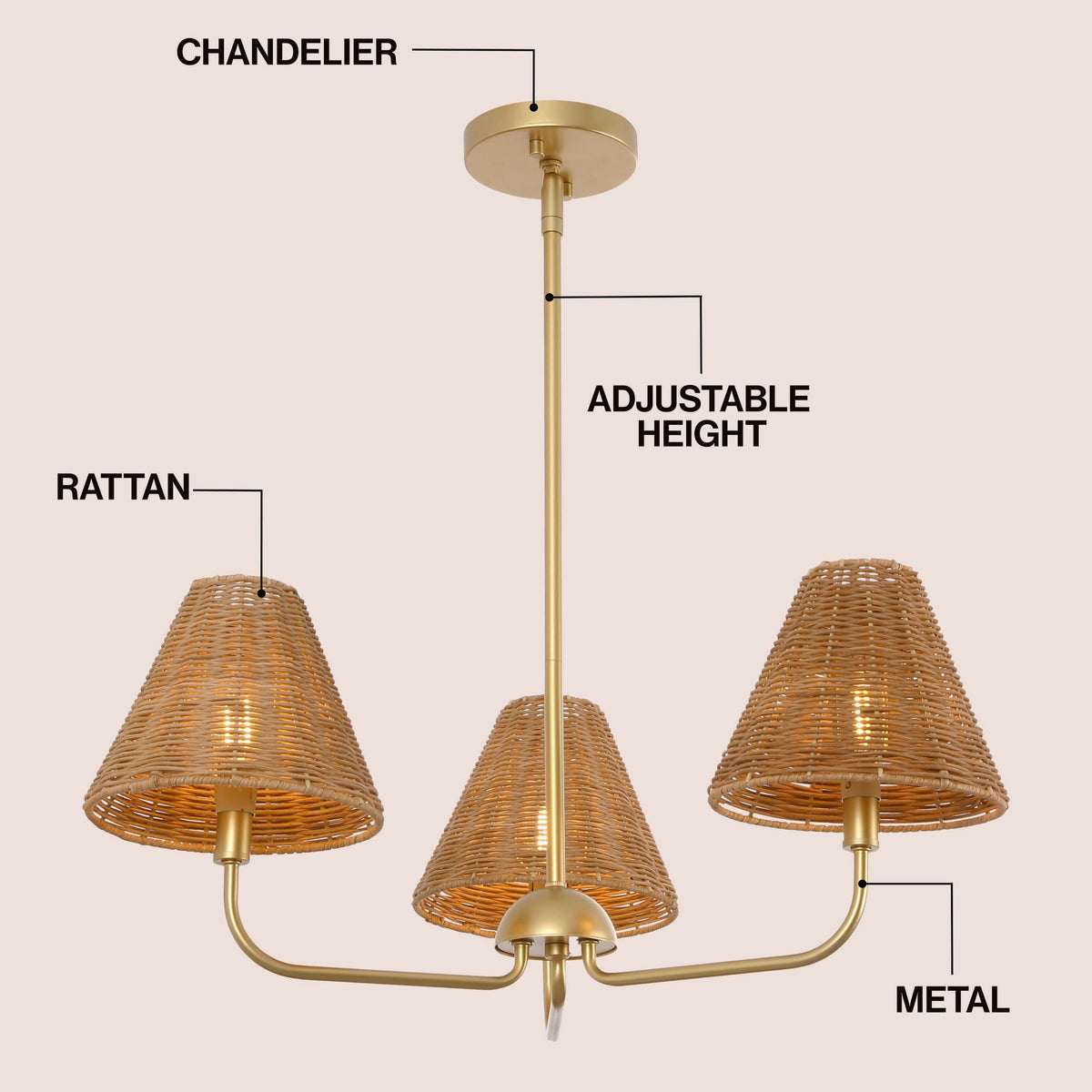 Pauline Coastal Contemporary Adjustable Swooping Arm Candle-Style Metal with Rattan Shades LED Chandelier
