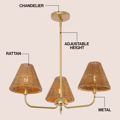 Pauline Coastal Contemporary Adjustable Swooping Arm Candle-Style Metal with Rattan Shades LED Chandelier