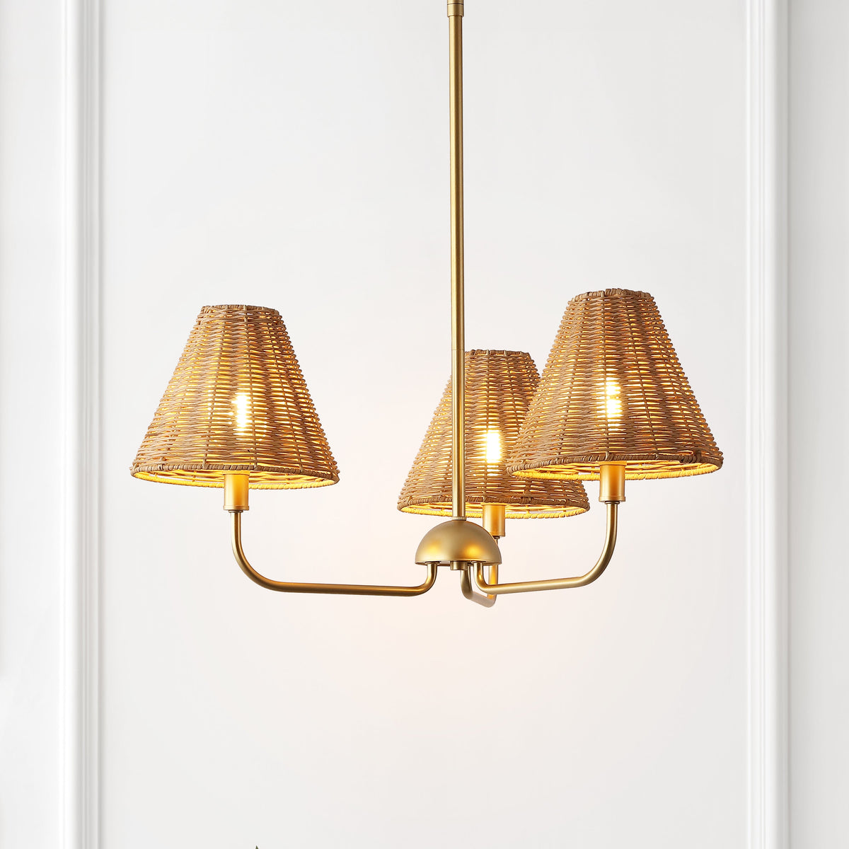 Pauline Coastal Contemporary Adjustable Swooping Arm Candle-Style Metal with Rattan Shades LED Chandelier