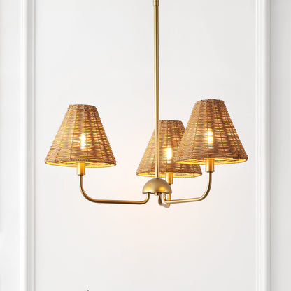 Pauline Coastal Contemporary Adjustable Swooping Arm Candle-Style Metal with Rattan Shades LED Chandelier