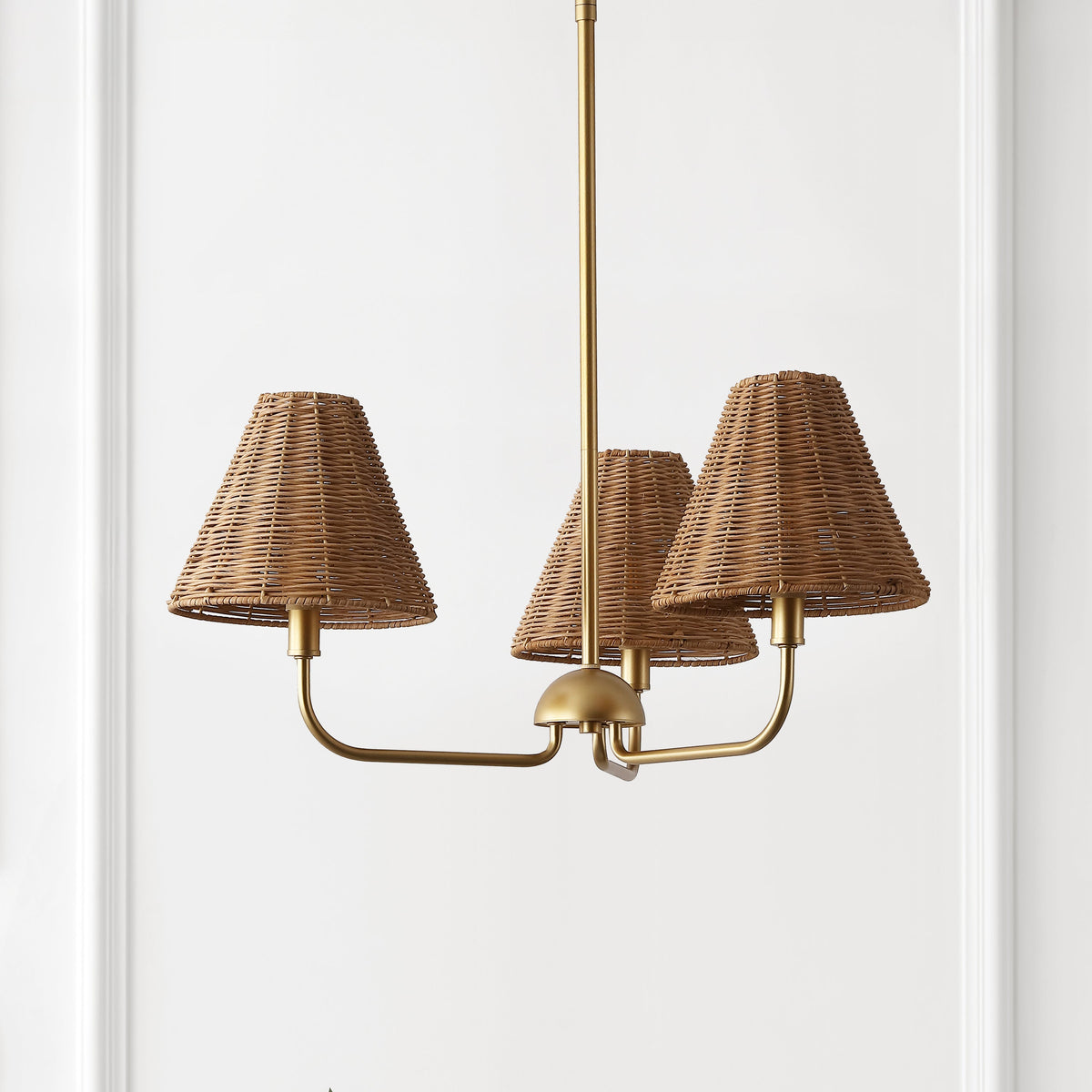 Pauline Coastal Contemporary Adjustable Swooping Arm Candle-Style Metal with Rattan Shades LED Chandelier