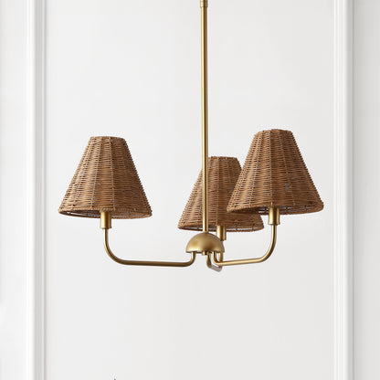 Pauline Coastal Contemporary Adjustable Swooping Arm Candle-Style Metal with Rattan Shades LED Chandelier
