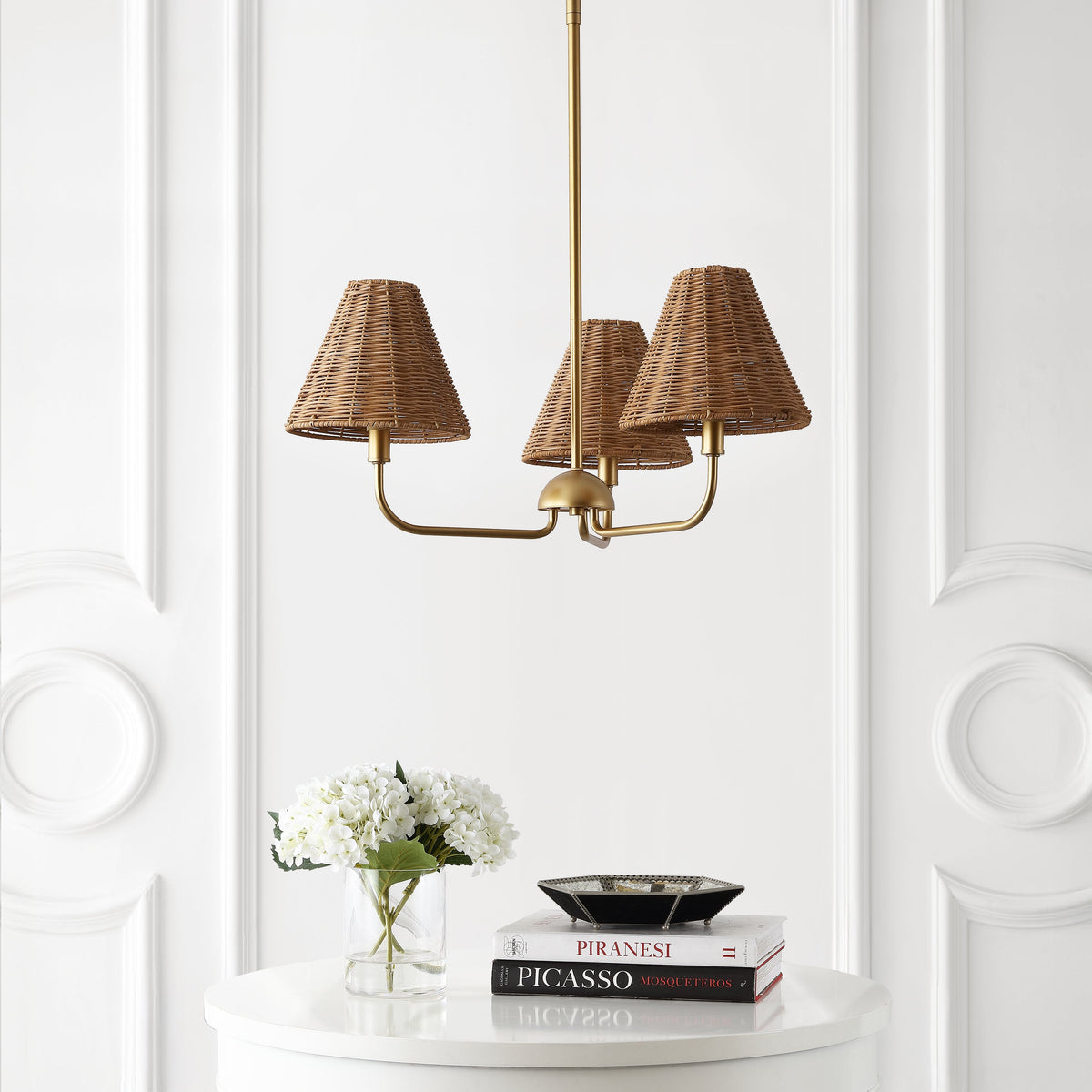 Pauline Coastal Contemporary Adjustable Swooping Arm Candle-Style Metal with Rattan Shades LED Chandelier