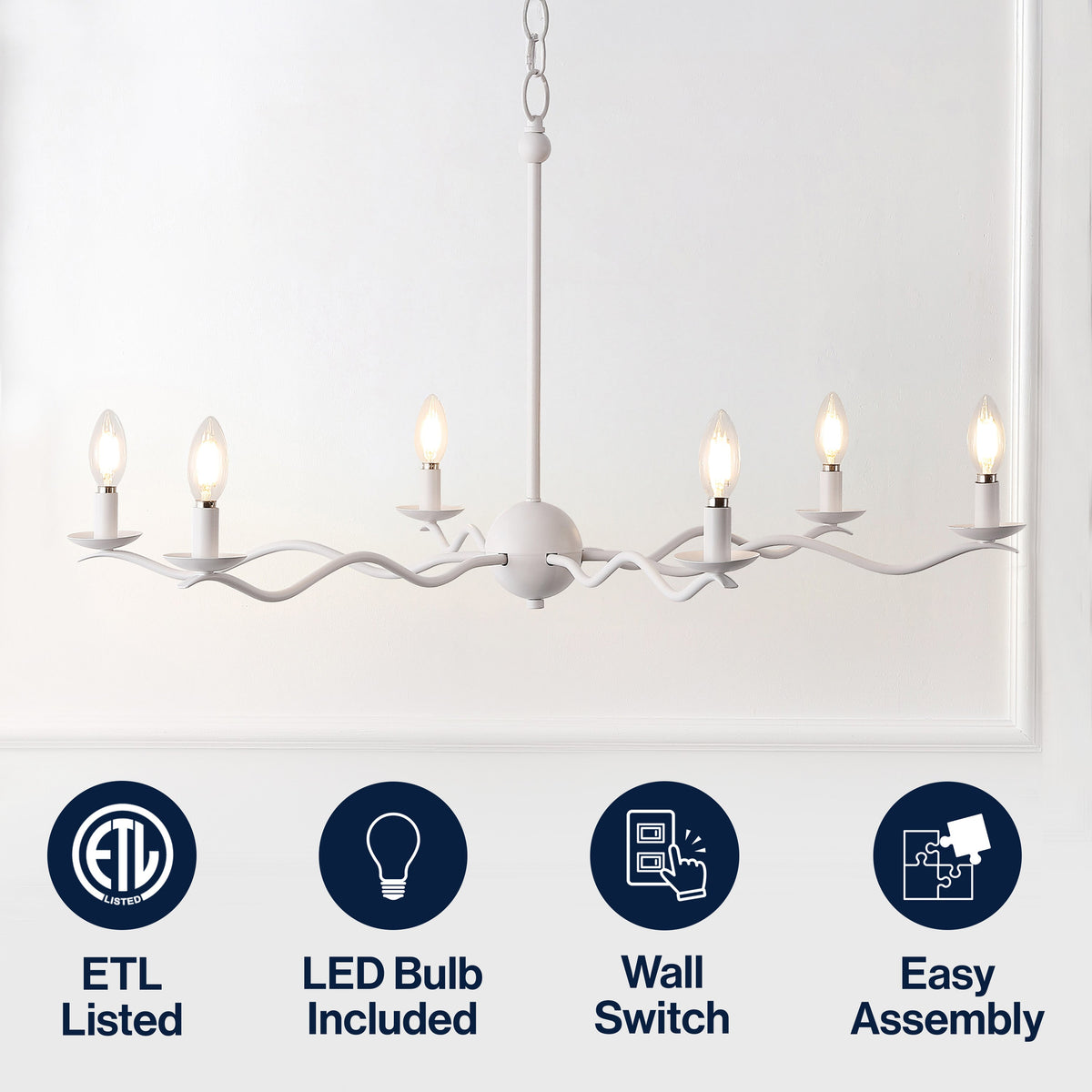 Shana 35.5" 6-Light Grand Modern Transitional Adjustable Sculptural Wavy Arm Candle-Style Metal LED Chandelier