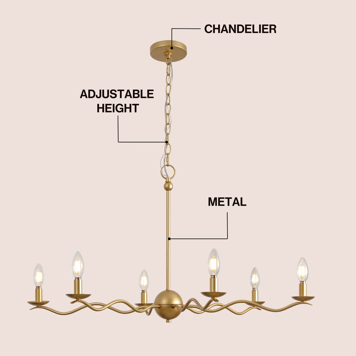 Shana 35.5" 6-Light Grand Modern Transitional Adjustable Sculptural Wavy Arm Candle-Style Metal LED Chandelier