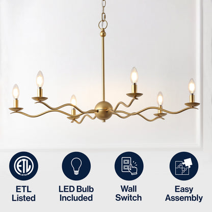 Shana 35.5" 6-Light Grand Modern Transitional Adjustable Sculptural Wavy Arm Candle-Style Metal LED Chandelier