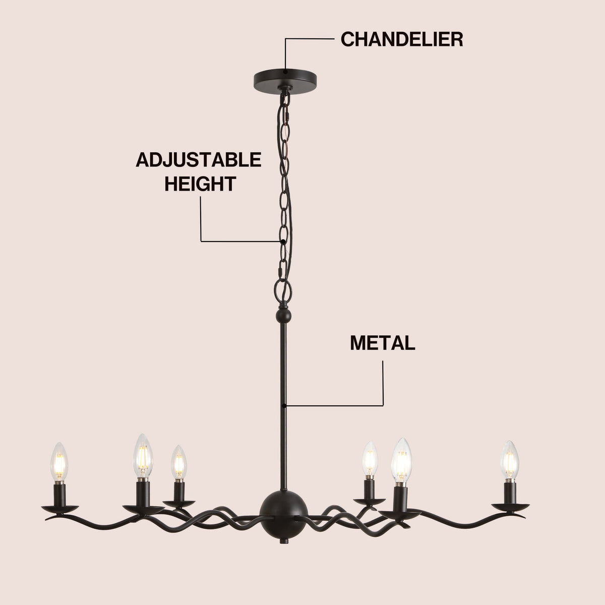 Shana 35.5" 6-Light Grand Modern Transitional Adjustable Sculptural Wavy Arm Candle-Style Metal LED Chandelier