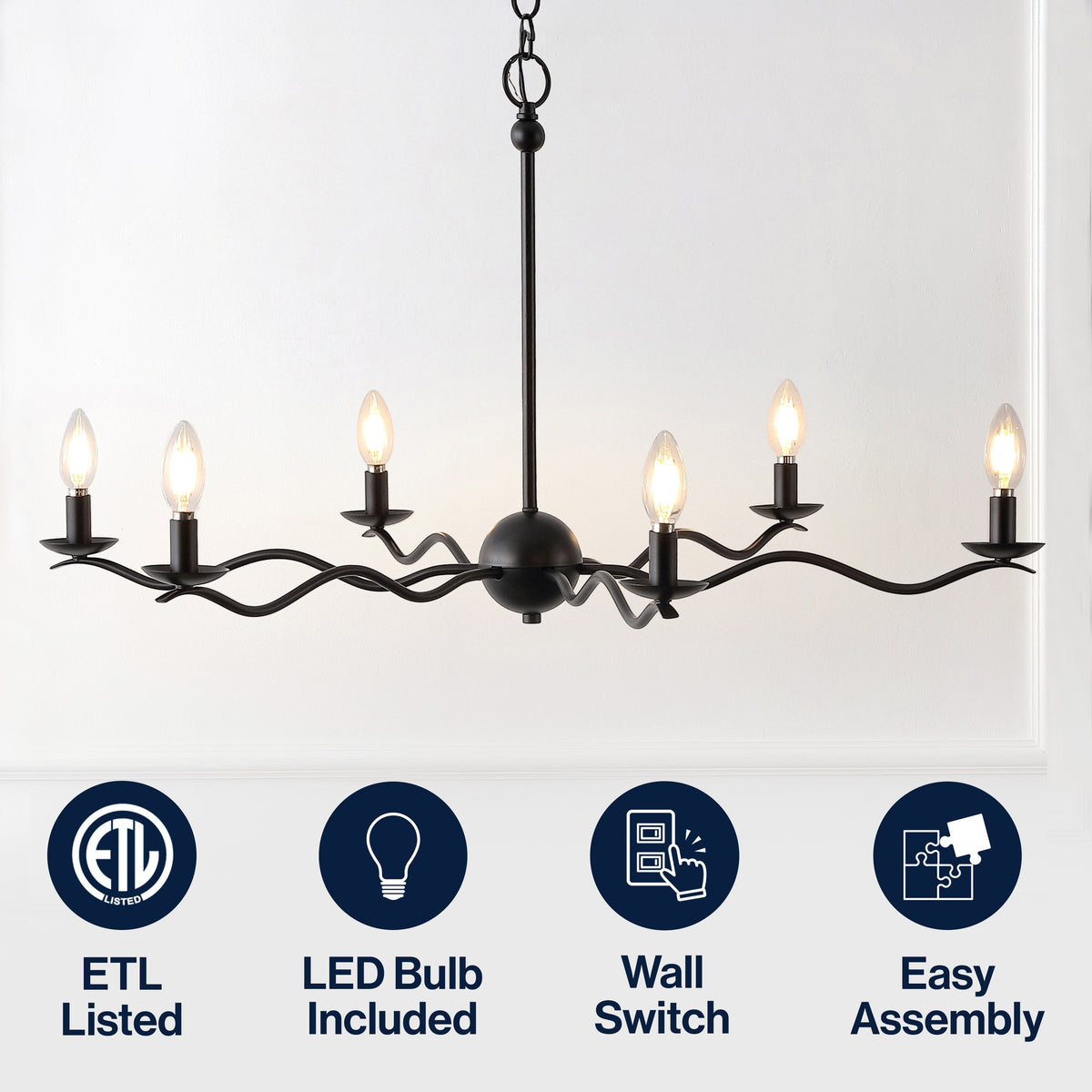 Shana 35.5" 6-Light Grand Modern Transitional Adjustable Sculptural Wavy Arm Candle-Style Metal LED Chandelier