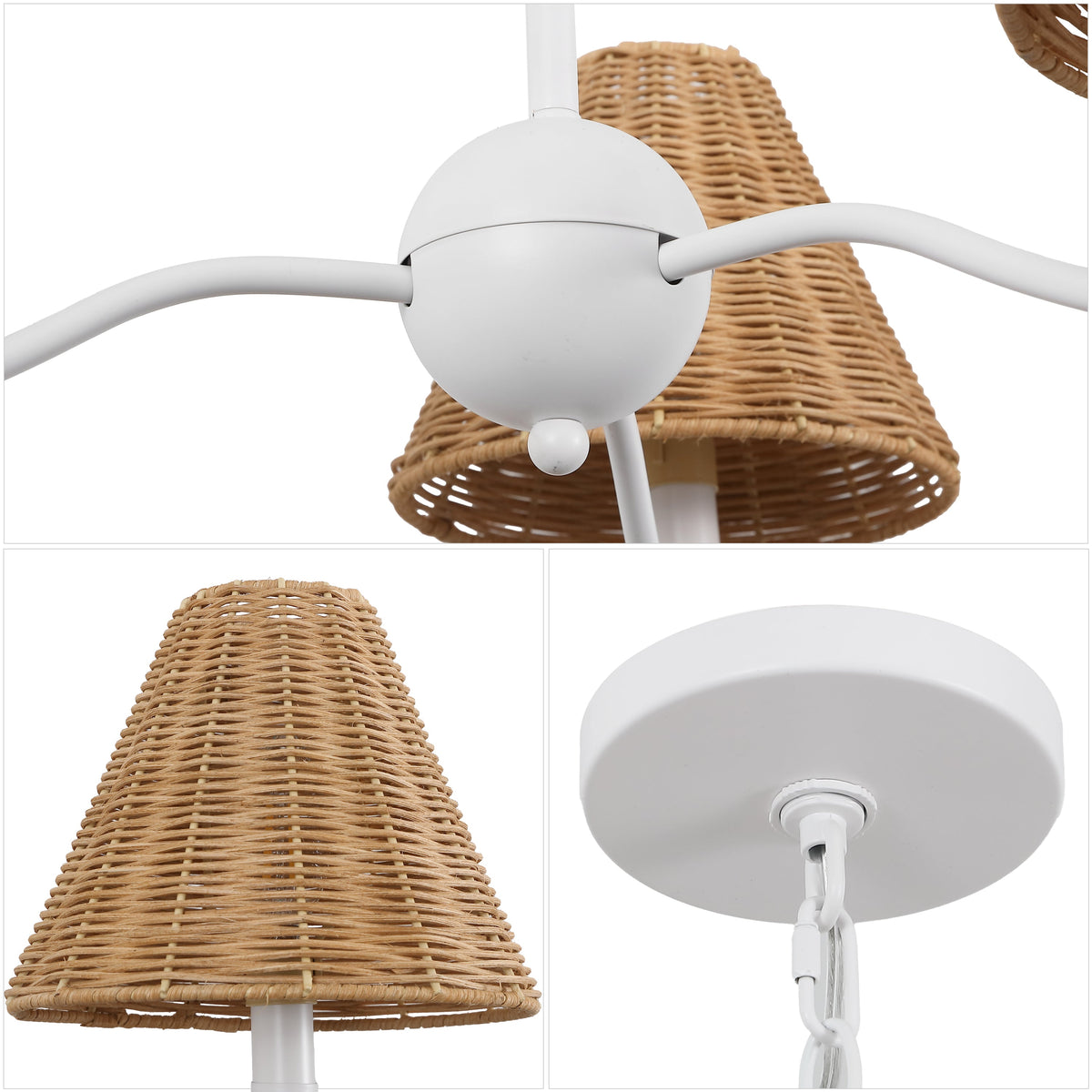 GradyCoastal Farmhouse Adjustable Swooping Arm Metal with Hand-Woven Rattan Shades LED Chandelier