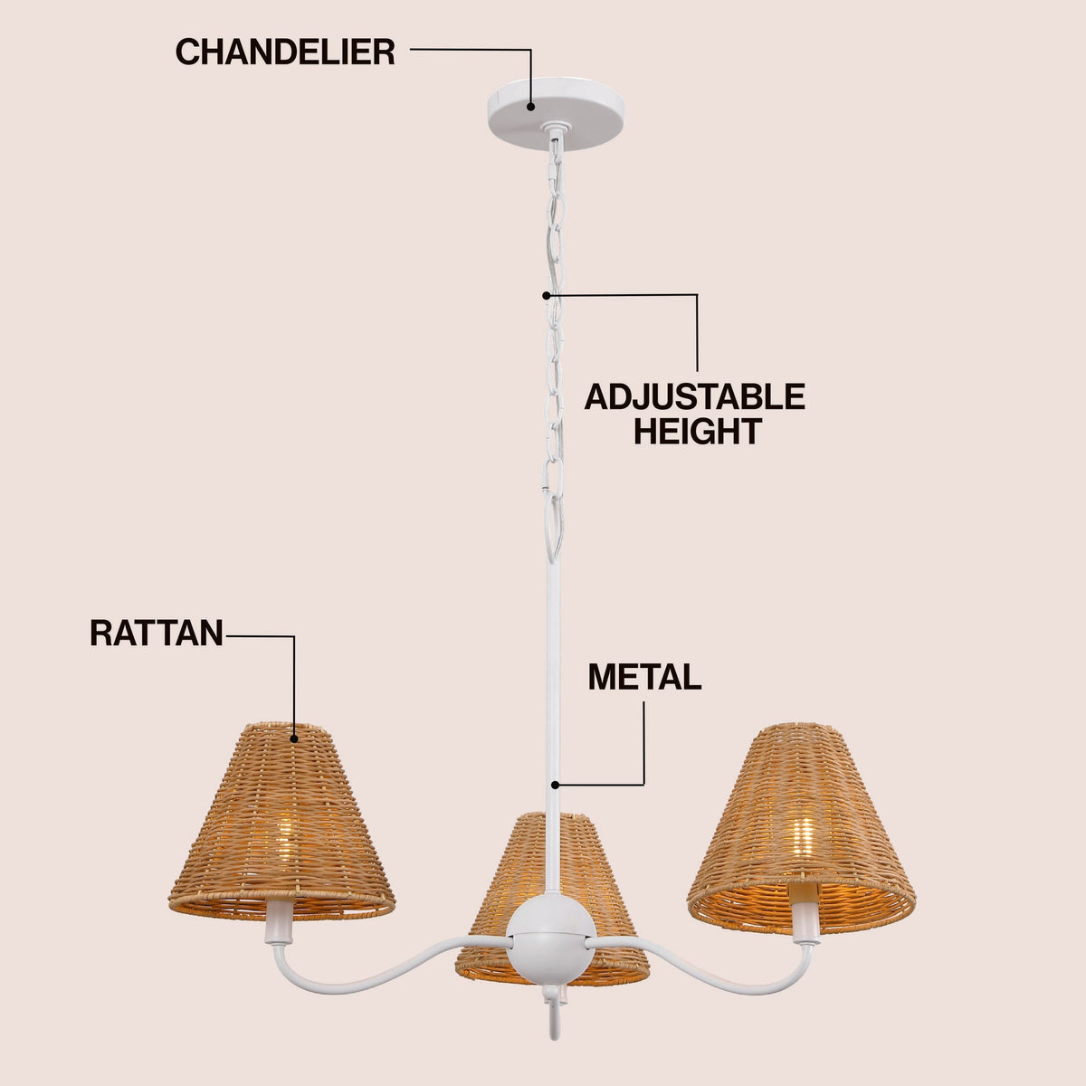 GradyCoastal Farmhouse Adjustable Swooping Arm Metal with Hand-Woven Rattan Shades LED Chandelier