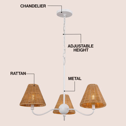 GradyCoastal Farmhouse Adjustable Swooping Arm Metal with Hand-Woven Rattan Shades LED Chandelier