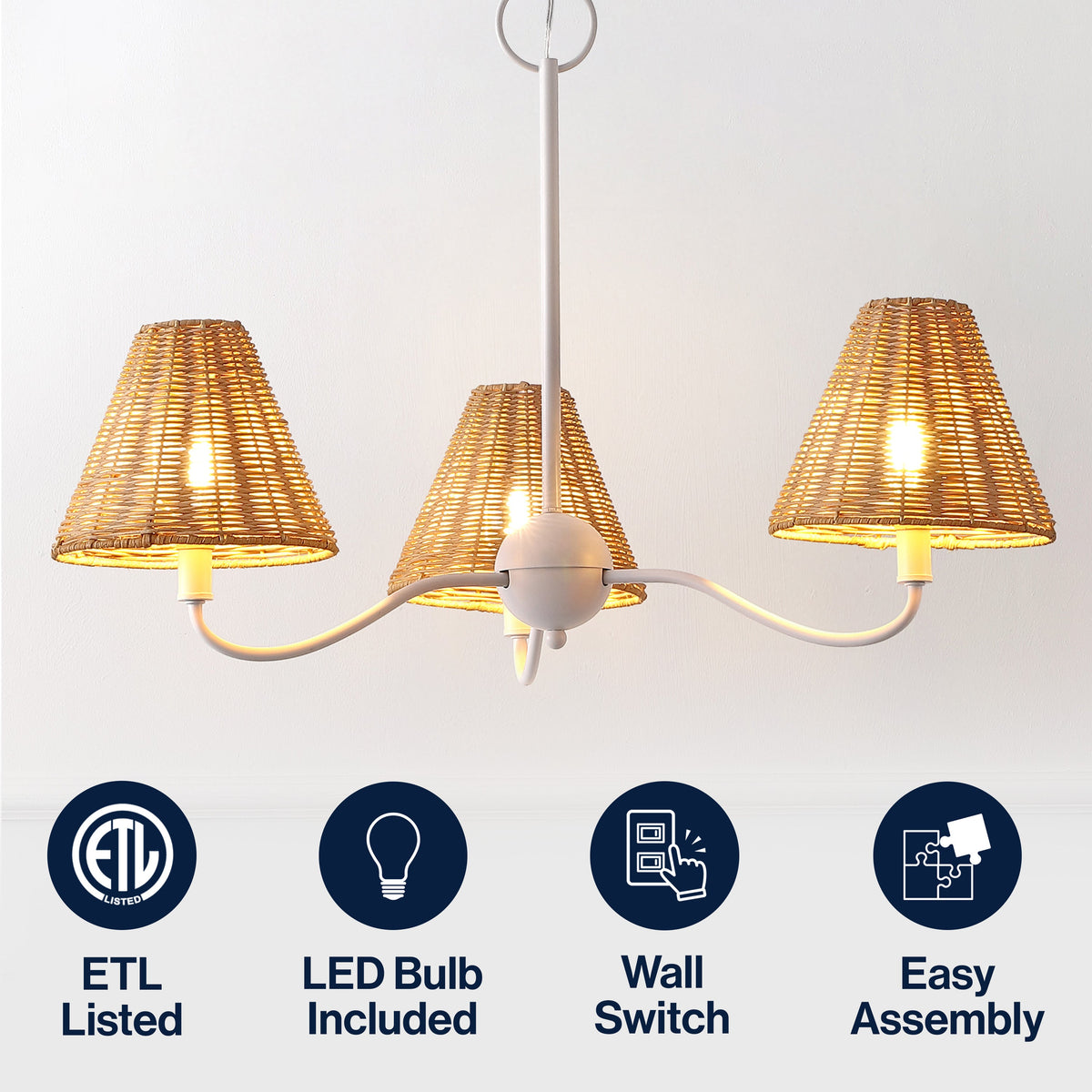 GradyCoastal Farmhouse Adjustable Swooping Arm Metal with Hand-Woven Rattan Shades LED Chandelier