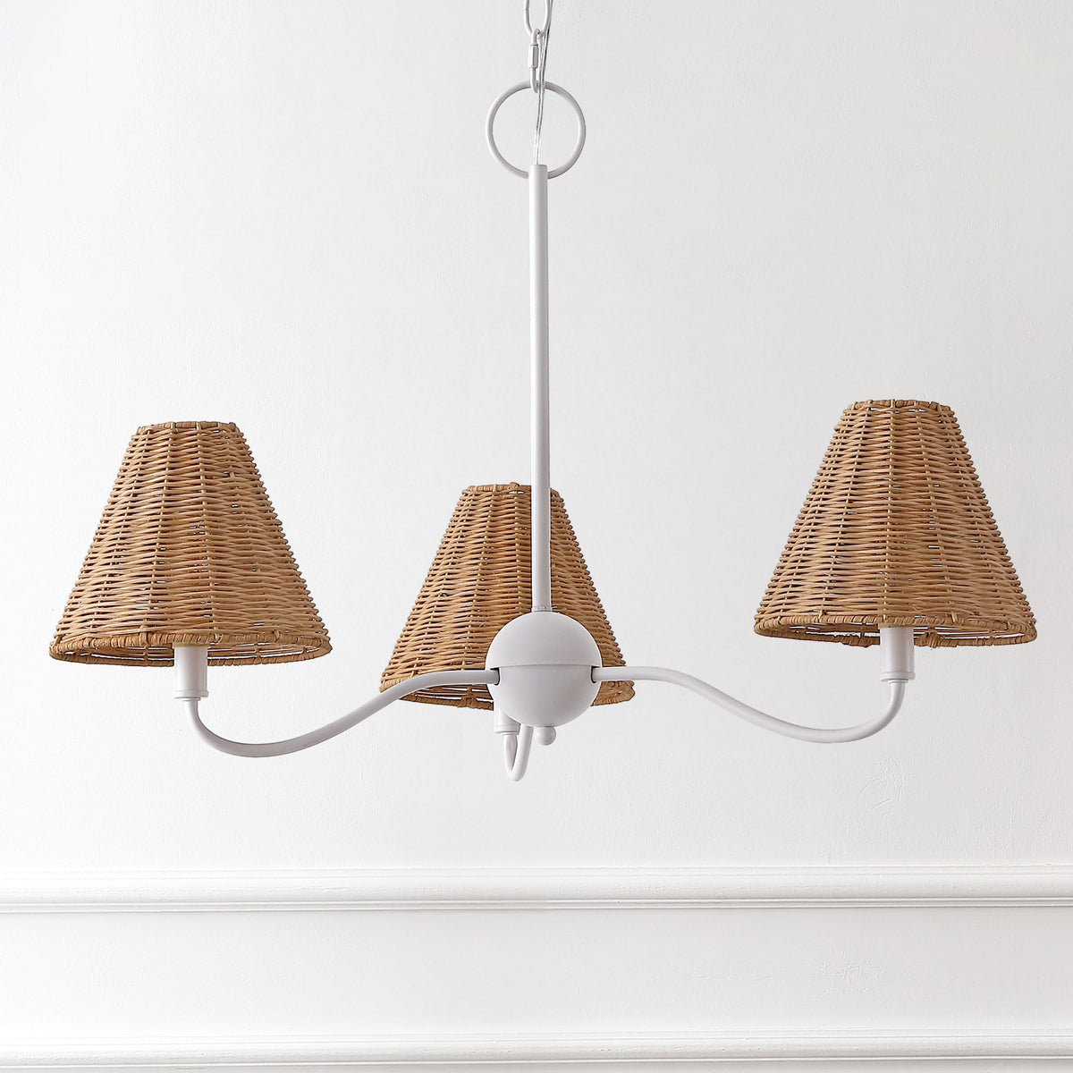 GradyCoastal Farmhouse Adjustable Swooping Arm Metal with Hand-Woven Rattan Shades LED Chandelier