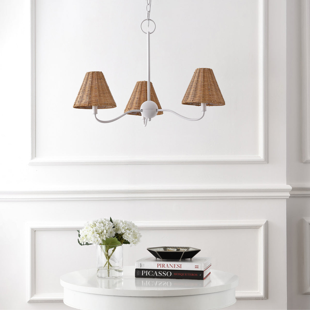 GradyCoastal Farmhouse Adjustable Swooping Arm Metal with Hand-Woven Rattan Shades LED Chandelier