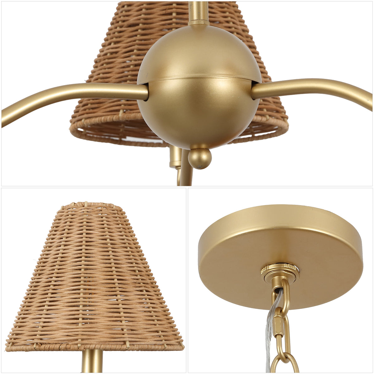 GradyCoastal Farmhouse Adjustable Swooping Arm Metal with Hand-Woven Rattan Shades LED Chandelier