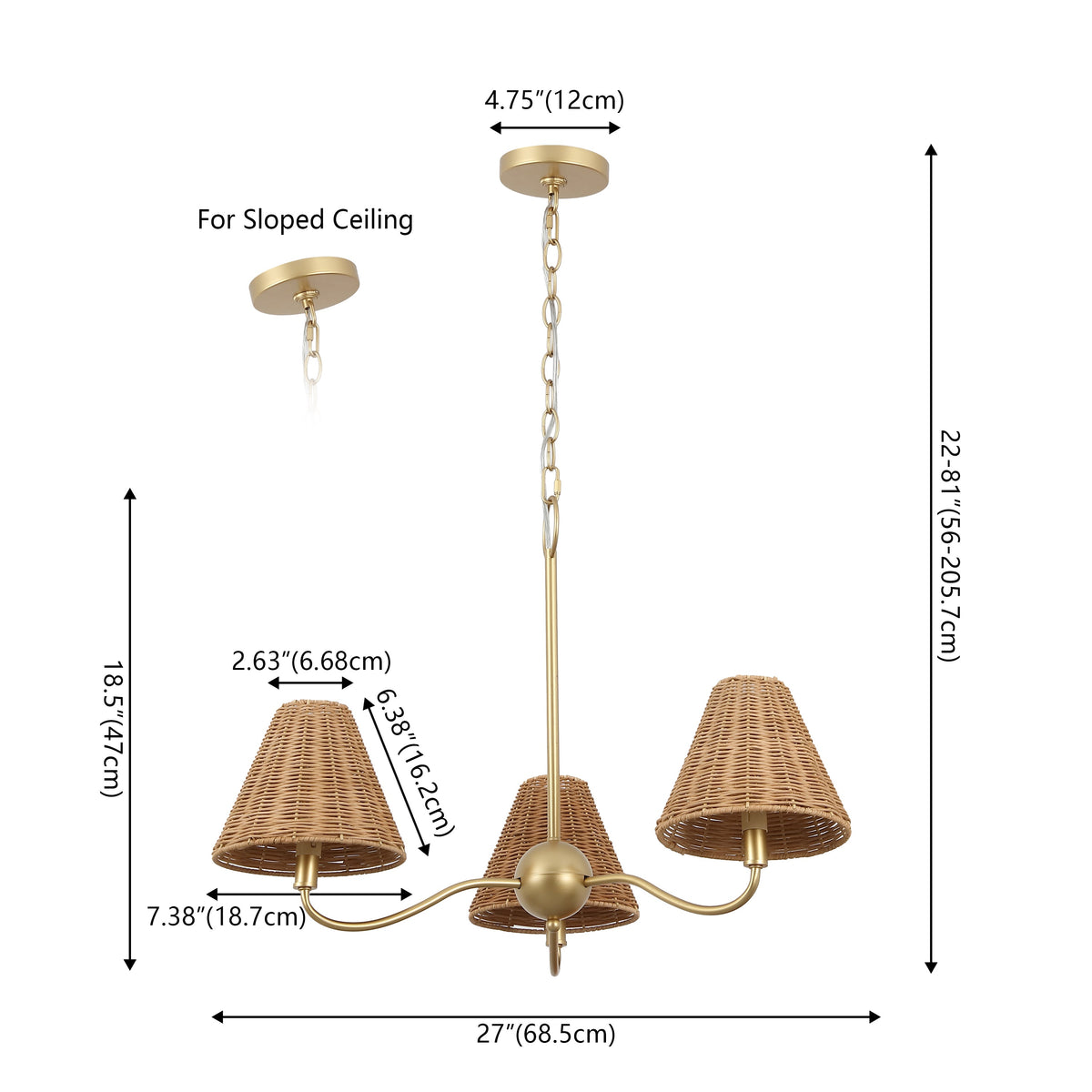 GradyCoastal Farmhouse Adjustable Swooping Arm Metal with Hand-Woven Rattan Shades LED Chandelier