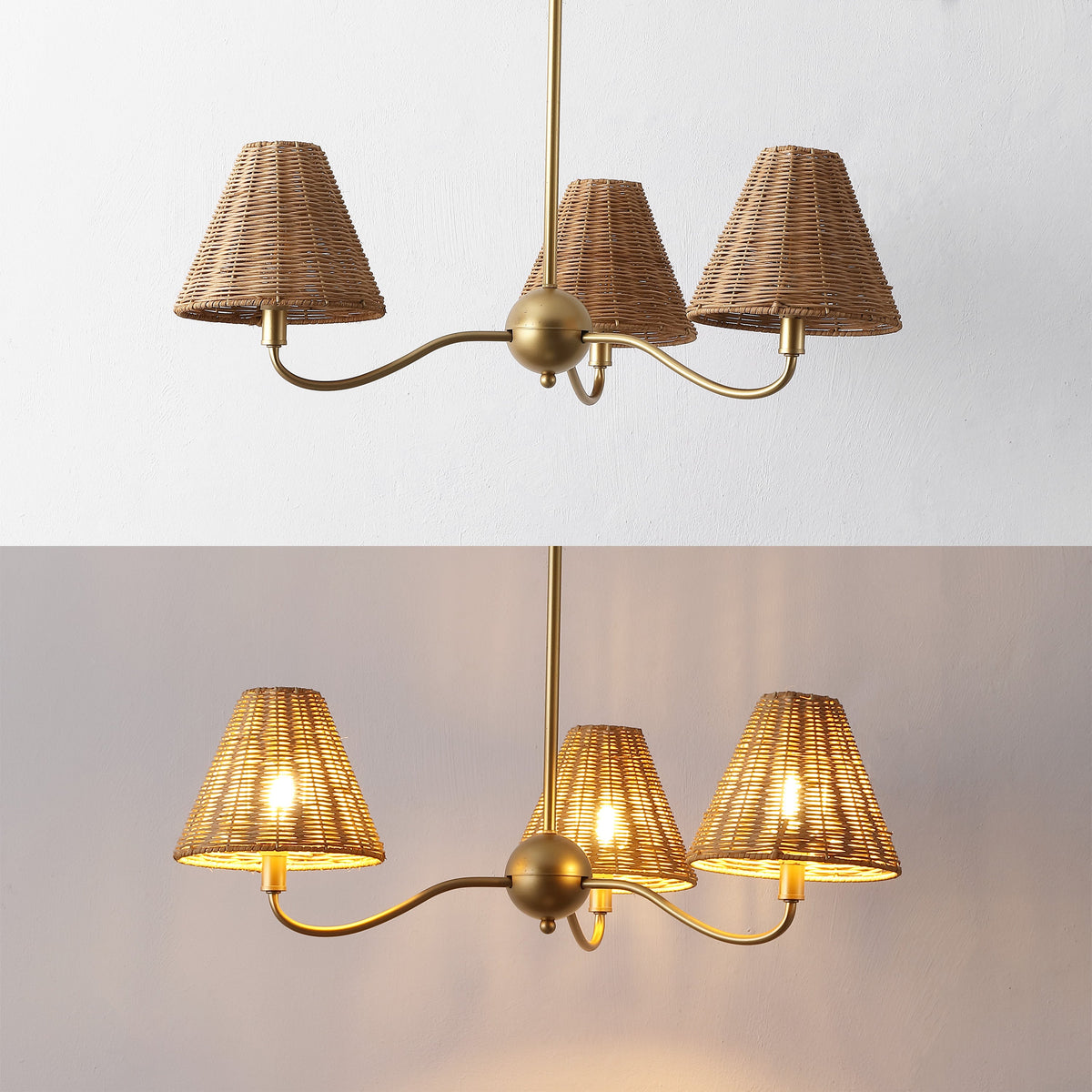 GradyCoastal Farmhouse Adjustable Swooping Arm Metal with Hand-Woven Rattan Shades LED Chandelier